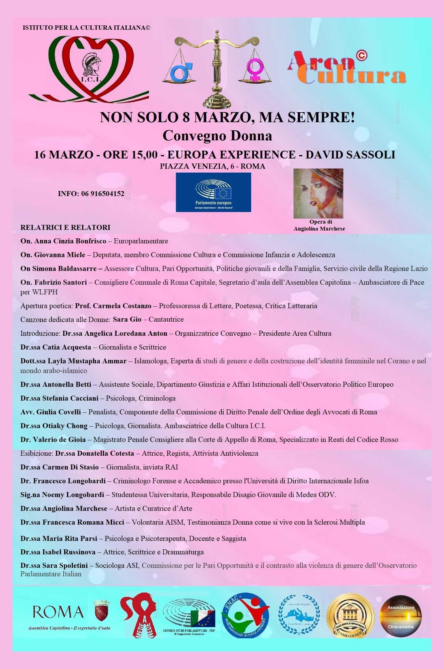 “Non solo 8 marzo, ma sempre” convegno donna, il 16 marzo, organizzato da Area Cultura e I.C.I. a Roma presso il Parlamento Europeo
